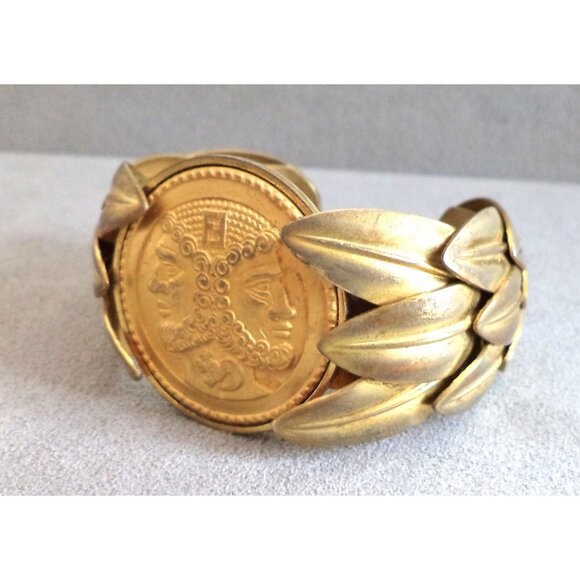 Rare Vintage FENDI JEWELRY SET Roman COIN CUFF BRACELET + Clip EARRINGS Big Bold - Picture 4 of 12